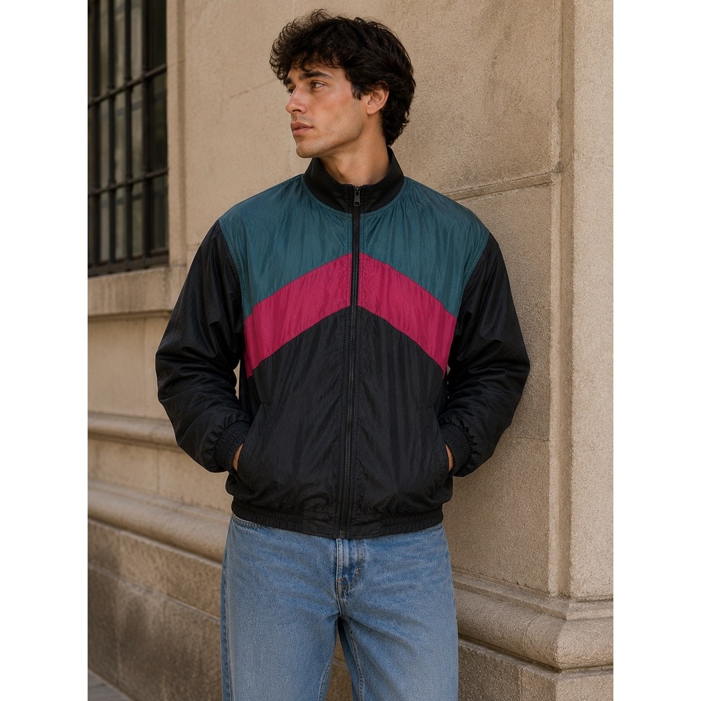 Robert Stock Vintage 90s Silk Bomber Jacket Colorblock Chevron Teal Black Mens L